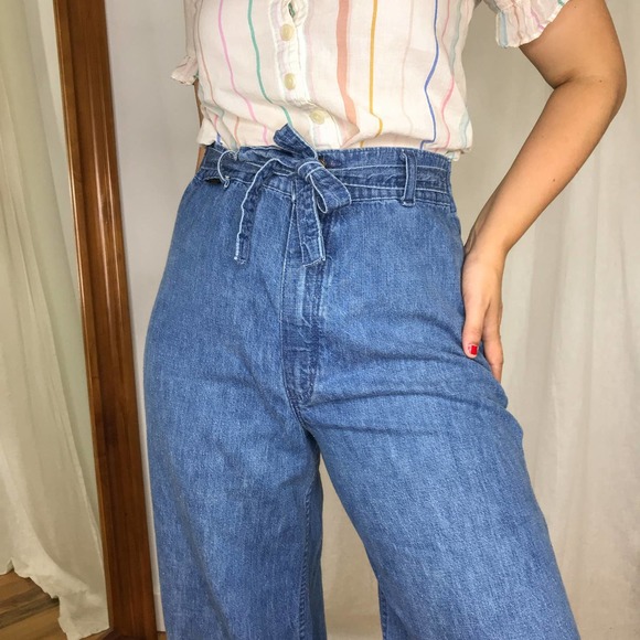 70s vintage wrangler wide leg belted bell bottoms - Picture 2 of 4